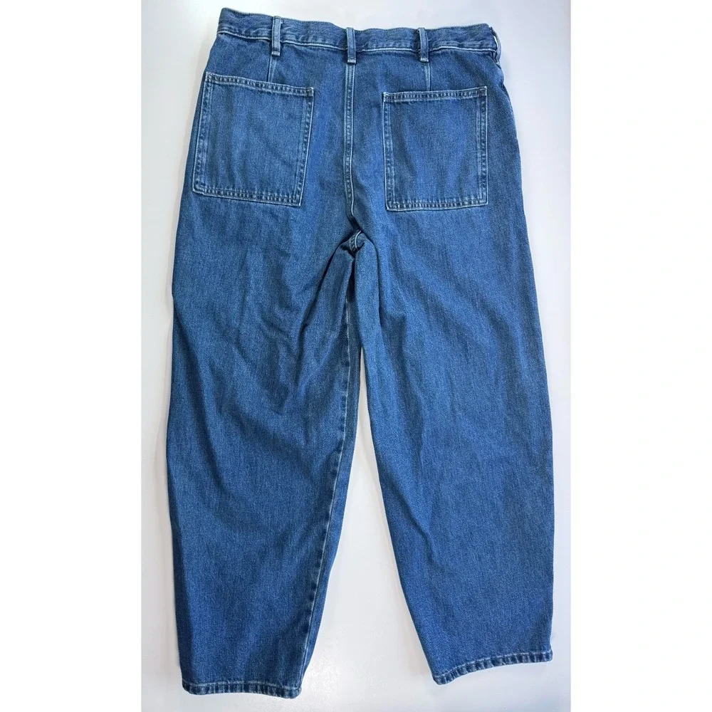 UNIQLO Wide Baggy Tapered Jeans Denim Unisex Large Slash Pockets Loose Blue